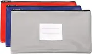 [uxcell] 11x6" Money Bank Deposit Bag with Zipper Set, 3 Pack Leatherette Cash Coin Check Wallet Pen Pouch with Clear Window for Office, Grey Blue Red