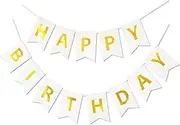 Lumjoy Large White and Gold Happy Birthday Banner – Elegant Birthday Flag Bunting for Party Backdrop, Birthday Decorations for Girls, Boys, Kids & Women