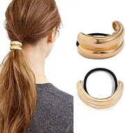 BESALECK Alloy Ponytail Hair Cuff Geometric Hollow Head Wear Retro Temperament Women's Glossy Double Arch Ponytail Headband Fashion Elastic Hair Band for Hair Accessories (Gold-2Pcs)