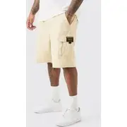 Mens Stone Plus Fixed Waist Twill Relaxed Cargo Zip Detail Tab Short