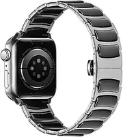 MaKTech Ceramic Band,Thin Stainless Steel Inlaid Ceramic Link Bracelet Strap,for Apple Watch Series 9/Ultra 2/SE/8/7/2023 (45mm/44mm/49mm,Black)