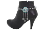 Women Silver Metal Chain Boot Western Bracelet Shoe Turquoise Color Flower Charm