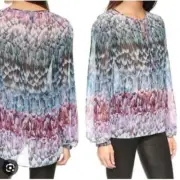BCBG Maxazria Womens Evanna Blouse Top Size L Multicolor Feather Print NWT
