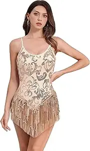 [ODIZLI] Women Sparkle Sequins Fringe Tassel Leotard One Piece Bodysuit Latin Dance