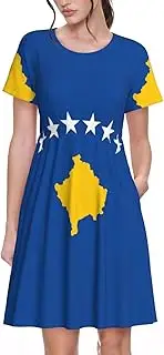 [EdWal] Flag of Kosovo Print Womens Sundress Summer Floral Short Sleeve Wrap Round Neck A-Line Midi Dress Summer