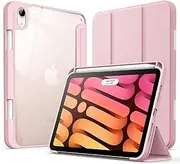 [JETech] Case for iPad Mini (A17 Pro, 2024 Model, 7th Generation) / Mini 6 (2021 Model, 6th Generation) with Pencil Holder, Clear Back Shell Slim Stand Tablet Cover, Auto Wake/Sleep (Pink)