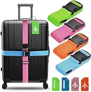 [Temor] Luggage Straps 4Pack Adjustable Suitcase Belts Travel Packing Belt with Buckle Closure Baggage Security Straps 4 Colors + 4 Luggage Tags