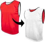 Reversible Training Bibs Pack of 10 Football Hockey Netball Outdoor Sports Activity Double Sided Junior Youth Adult Sizes Unisex T-Shirts Mesh Jersey (Red/White, Junior (7 to 12 years old))