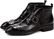 [Generic] Ankle Boot for Men Work Boot Crocodile Embossed TextureGenuine Leather Pull On Monk Strap Round Toe Block Heel
