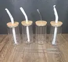 4pcs Set ~ Drinking Glasses with Bamboo Lids and Glass Straws ~ 16oz Can Shaped