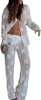 [RISCUYY] Women's Two Piece Sets Mesh Hollow Long Sleeved Button Shirt and Straight Leg Pants Summer Lounge Sets Clothing