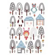 Trees, rabbit, bear, house - grey / blue / red - AW8187