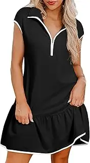 Womens Half Zipper Up V Neck Dress Summer Cap Sleeve Half Zip Patchwork Mini Dresses with Pockets Beach Dress Dailywear Sport Running Outfits