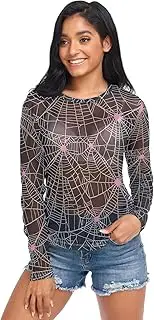 [AIXIWAWA] Webs Pattern Women's Long Sleeve Mesh Sheer Top, Sexy See-Through Blouse for Party, Evening Wear S