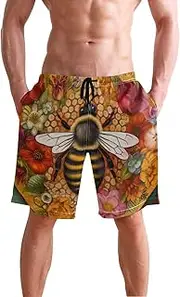 [XYMZR] Men's Swim Trunks Vintage Bee Red Floral Quick-Dry Bathing Suit Swimming Board Shorts S