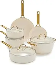 GreenPan Reserve Hard Anodized Healthy Ceramic Nonstick 10 Piece Cookware Pots and Pans Set, Gold Tone Stainless Steel Handle, PFAS-Free, Dishwasher Safe, Oven Safe, Cream White