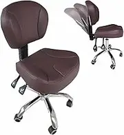 Swivel Chair Saddle Stool Rolling Chair Heavy Duty, Brown Leather Saddle Chair with Back Support, 19"-24" High Rolling Stool Chair for Office