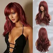 Honygebia Dark Red Wig with Bangs - Burgundy Wigs for Women, Wine Red Long Straight Layered Realistic Hair, Natural Synthetic Heat Resistant Wigs for Halloween