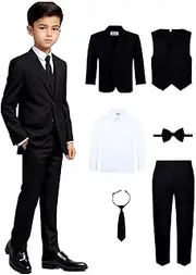 [S.H. Churchill & Co.] Boy's 6-Piece Formal Suit Set – Includes Suit Jacket, Comfort Waist Dress Pants, Vest, Dress Shirt, Necktie & Bow Tie