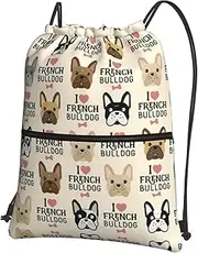 EdWal I Love French Bulldog Print Drawstring Backpack Gym Bags Sports Bags With Zipper Pocket For Travel Beach, Black, One Size