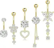 [MEZOKUCEL] 5 Pieces Belly Button Bars Silver Gold Belly Bar Surgical Steel 14G Navel Ring Belly Button Piercing Jewellery Heart Butterfly Flower Dangle