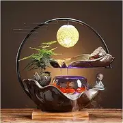 Waterfall Fountain Zen Decor Fountain, Tabletop Fountain with LED Lights and Wooden Base, Meditation Water Fountain Multifunctional Fish Tank Flowing Water Ornaments