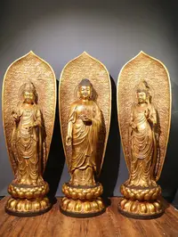 在飛比找Yahoo!奇摩拍賣優惠-舊藏純銅鎏金佛像【西方三圣】一套 居家供奉佛像 （佛像背光可