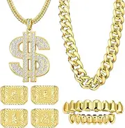 [LOYALLOOK] 80s 90s Hip Hop Costumes Outfit for Men Women Fake Gold Chain Necklace Money Chain Dollar Sign Gold Kanji Ring Old School Rapper Teeth Grillz Rapper Accessories Set Halloween