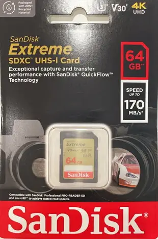 SanDisk 64GB 64G SDXC Extreme【170MB/s】SD SDCH 4K U3 V30 C10 Class 10 SDSDXV2-064G 相機記憶卡【序號MOM100 現折$100】