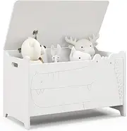 HONEY JOY Kids Toy Box Storage Chest, Wooden Trunk Bench w/Safety Hinge, Children Storage Cabinet w/Handles, Flip-Top Home Organiser Toy Bench Box for Kid’s Room Playroom Bedroom Living Room (White)
