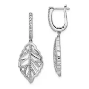 14k White Gold Real Diamond Leaf Leverback Earrings