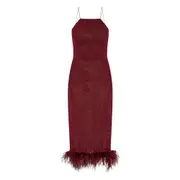 [Oséree] Oséree Feather-trimmed Sparkle Midi Dress M RED