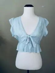 NEW Roxy sz. Small Crop Top Front Tie Light Blue Ruffle Cap Sleeves