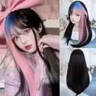 Highlight Bangs Black Blue Pink Gradient Wigs Long Straight Hair Daily Use