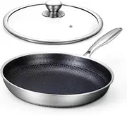 Non Stick Frying Pans, Hybrid 12 Inch/30cm Frying Pans Nonstick with Lid, Stainless Steel Skillets Chef Cookware, PFOA Free, Works on Induction,Ceramic,Gas Cooktops and Ovens
