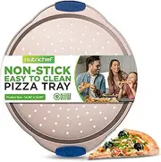 NutriChef Non-Stick Pizza Tray - with Silicone Handle, Round Steel Non-Stick Pan with Perforated Holes, Premium Bakeware, Pizza Tray with Silicone and Oversized Handle, Dishwasher Safe - NCBPIZ2