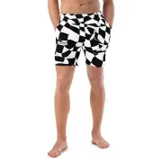 New Men Swim Trunks XS-6XL Mesh Liner Checks Black and White UPF 50+ 3 Pockets