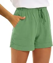 Linen Shorts for Women Lightweight Comfy Drawstring Elastic Waist Shorts Casual Summer Pull On Short with Pockets
