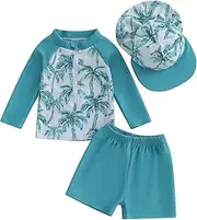 [Owl's-Yard] Toddler Boys Rash Guard Sets Animal/Coconut Tree Print Long Sleeve Tops with Shorts and Swim Hat Baby Boy Swimsuit