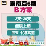 ESIM東南亞6國【新加坡】【馬來西亞】【印尼】【泰國】【越南】【柬埔寨】B方案 無限上網 每天1GB高速 3天~30天