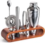 10 Piece Bartender Set Cocktail Tools with Mahogany Stand for Home Bar