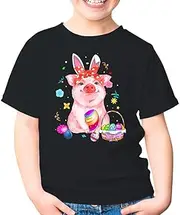 [SDVN] Easter Bunny Spring Pig Bow Egg Hunting Basket Unisex Kids Shirt Gift Boy Girl Youth T-Shirt (Black;XL)