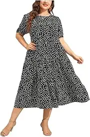 [THGJACH] Women Round Neck Short Sleeve Pleated Print Swing Casual Midi Dress Summer Casual Dresses Ladies Plus Size Dress (Color : B, Size : Medium)