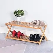 XIANGLV 2 Tier Bamboo Shoe Rack, Portable Folding Shoe Storage Rack, Perfect for Corridors, Bedrooms and Small Spaces