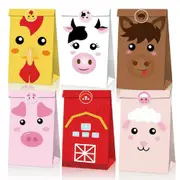 12PK Farm Animals Paper Gift Bags w 18PK Cow Donkey Pig Chicken Print Mini Stickers for Barnyard Theme Kids Birthday Loot Bags Party Favours