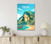 Tropical Beach with A Boat and Palm Trees 40x60cm Canvas or Metal Print Wall Art