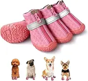 [DEWVIE] Pink Dog Shoes for Small Dogs, Anti-Slip Dog Boots with Reflective Strips, Puppy Paw Protectors for Ourdoor Indoor Walking Winter Snow Summer Hot Pavement, Waterproof in Rainy Weather 4PCS/Set