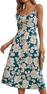 [SHINsuke] Women Summer Bohemian Floral Button Midi Cami Dress, Sexy Backless Spring Boho Tie Back Long A-Line Beach Slip Sundresses