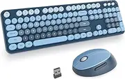 Blue Colorful Wireless Keyboard and Mouse Combo Set, 2.4GHz Cute Typewriter Keyboard with Round Keycaps, Full Size with Number Pad, Home and Office Aesthetic Keyboards (Sky Blue)