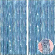 4 Pcs Light Blue Tinsel Foil Fringe Curtains Backdrop, Light Blue Streamer Backdrop Curtain for Party Wedding Holiday Decorations Fringe Backdrop Photo Booth Props, Parties Light Blue Streamers